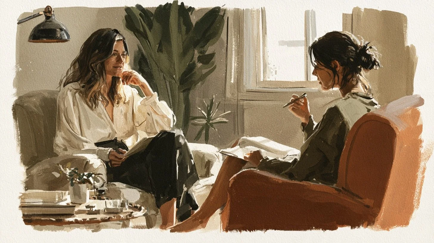 Two women having a conversation in a warmly lit room; one is sitting on a sofa with a notepad and pen, appearing to be a therapist, and the other is sitting on an orange armchair, holding a notebook and pen, possibly a client.