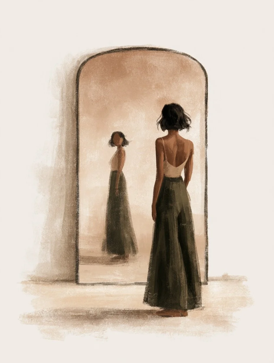 A woman looking at her reflection in a full-length mirror, but the reflection looks away — representing the self-doubt of rejection sensitive dysphoria.