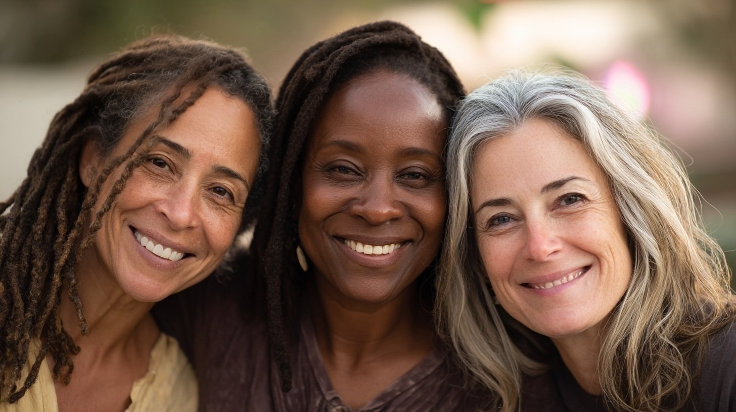 Three women smiling outdoors close-up portrait
