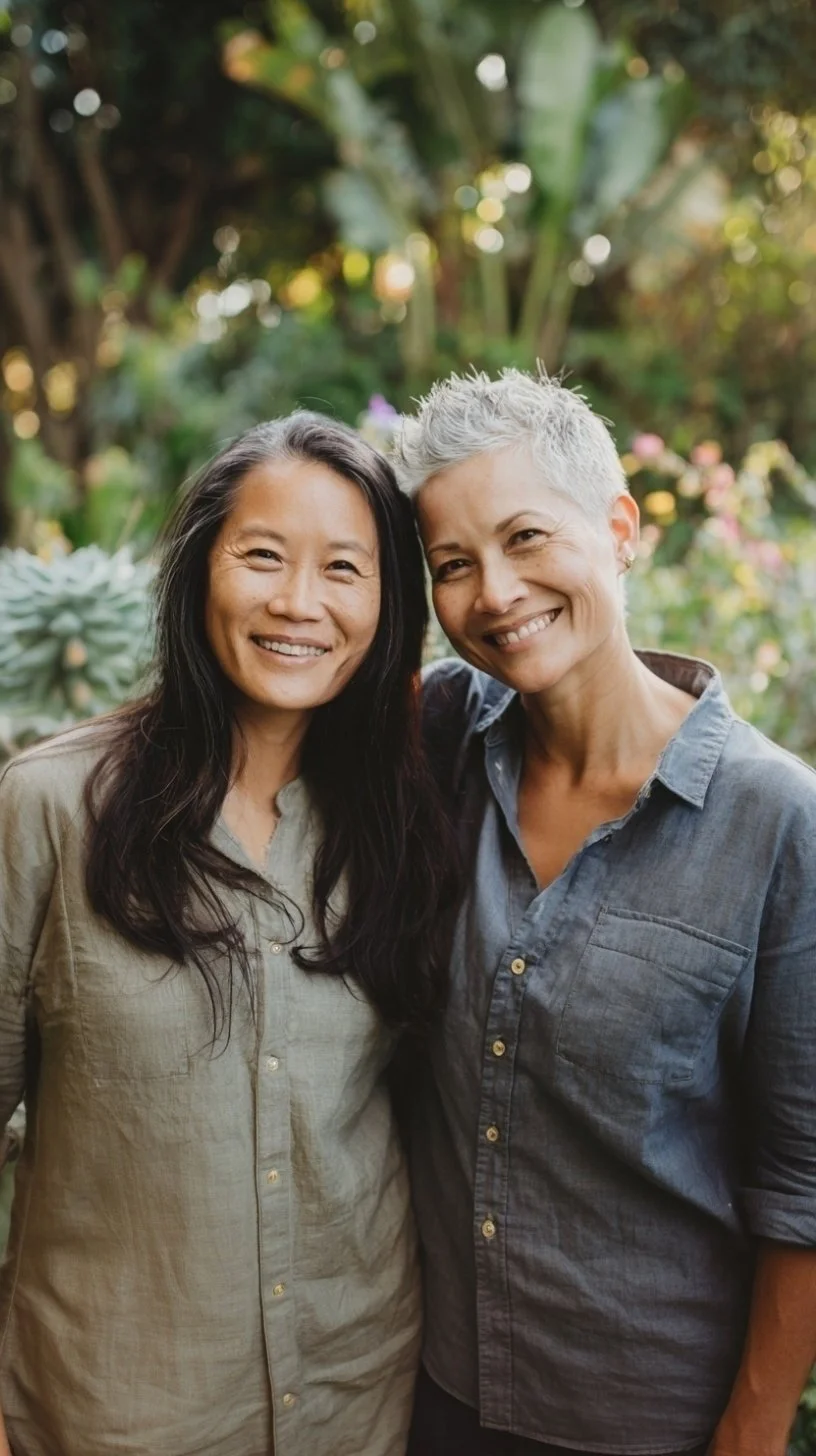 Two women smiling and standing close together outdoors in a garden with greenery and flowers.