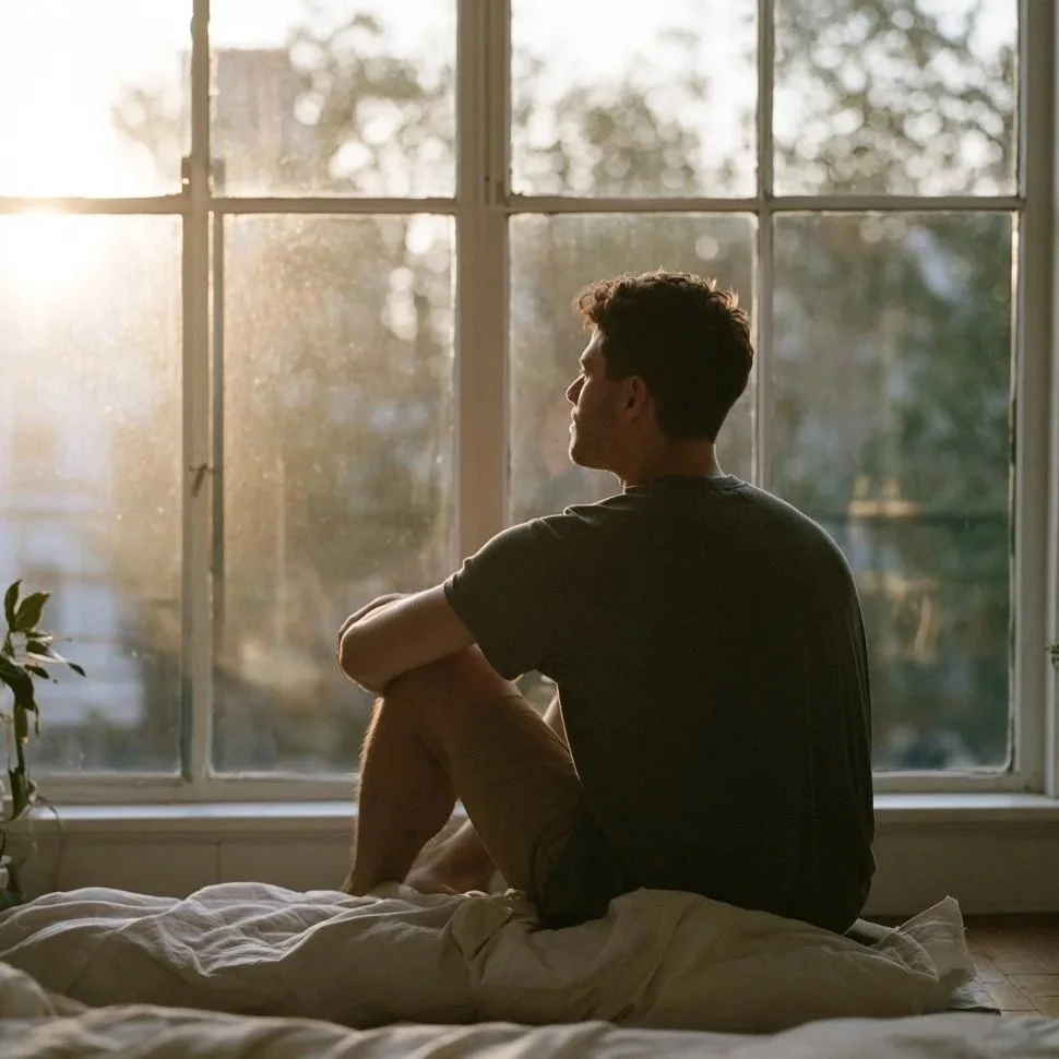 A young man sitting on a bed, looking out a large window at the trees outside, representing depression and low mood.