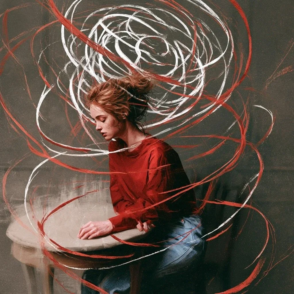 A woman with curly blonde hair sits at a round table, wearing a red shirt, with abstract red and white swirling lines above and around her.
