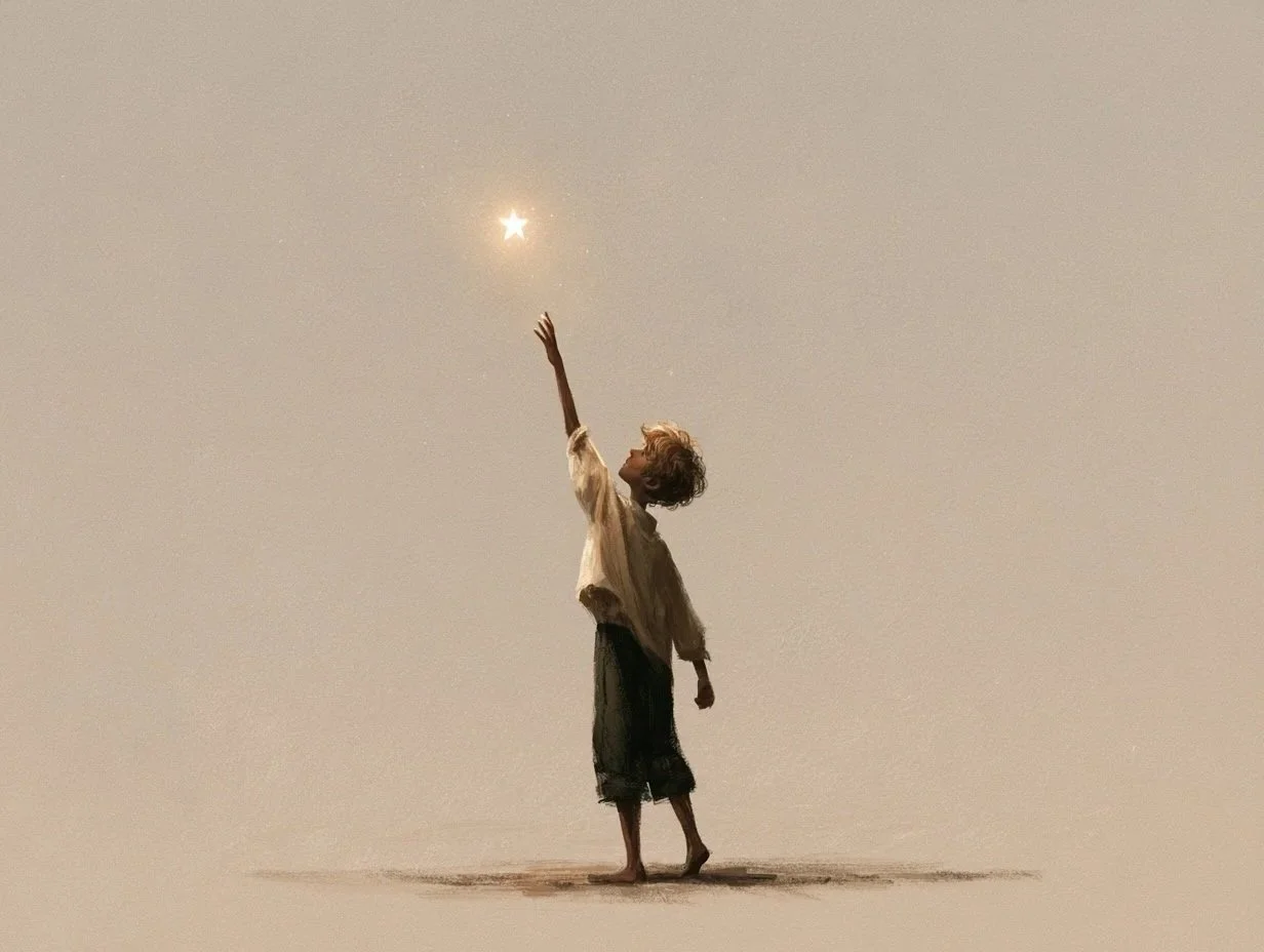 A boy reaches up towards the sky, touching a bright star.