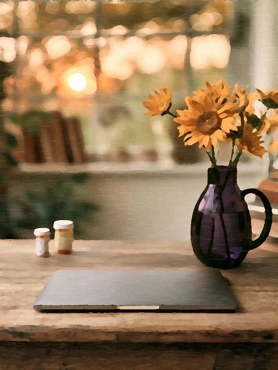 A wooden table with a closed laptop, two small pill bottles, and a purple vase with yellow flowers. Blurred window view in the background.