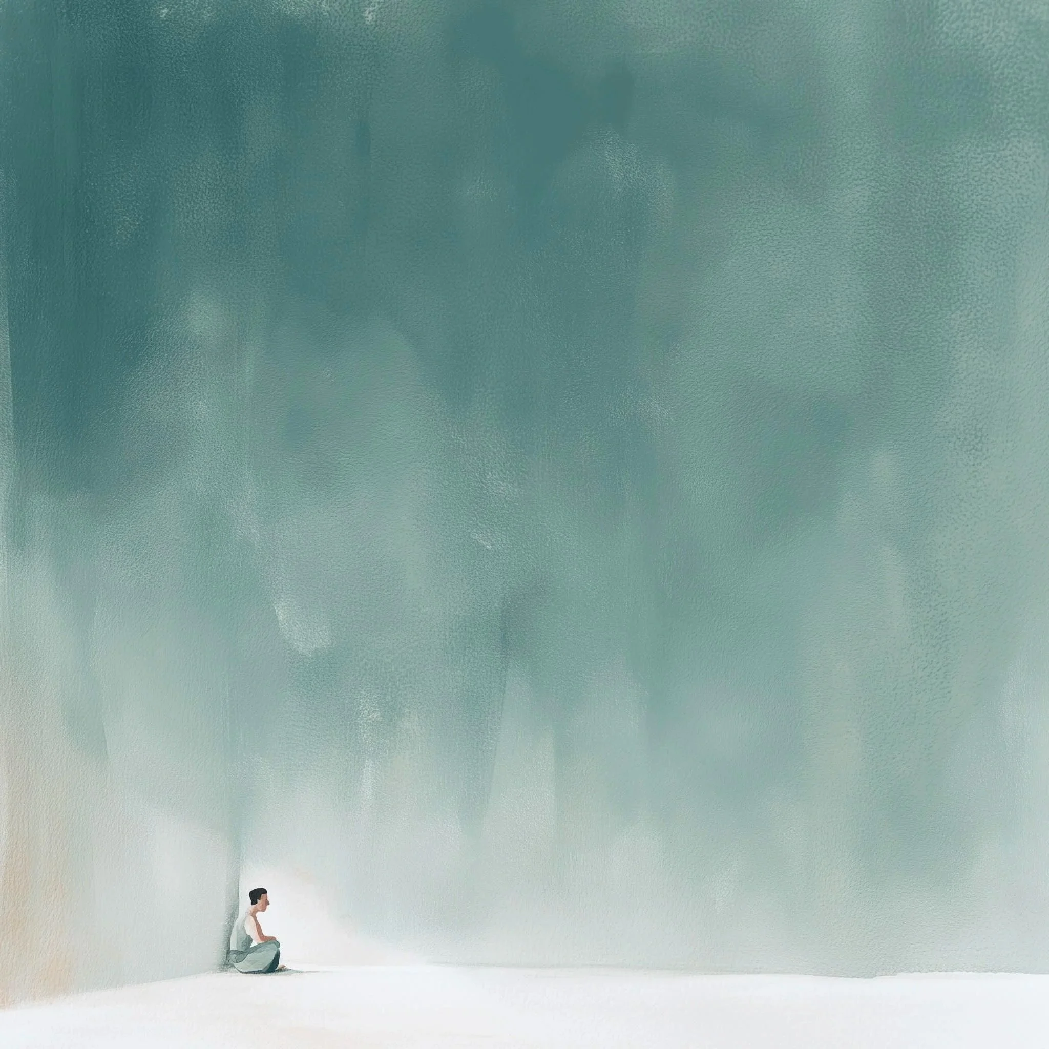 A person sitting alone on the ground in a large, abstract space, representing loneliness.