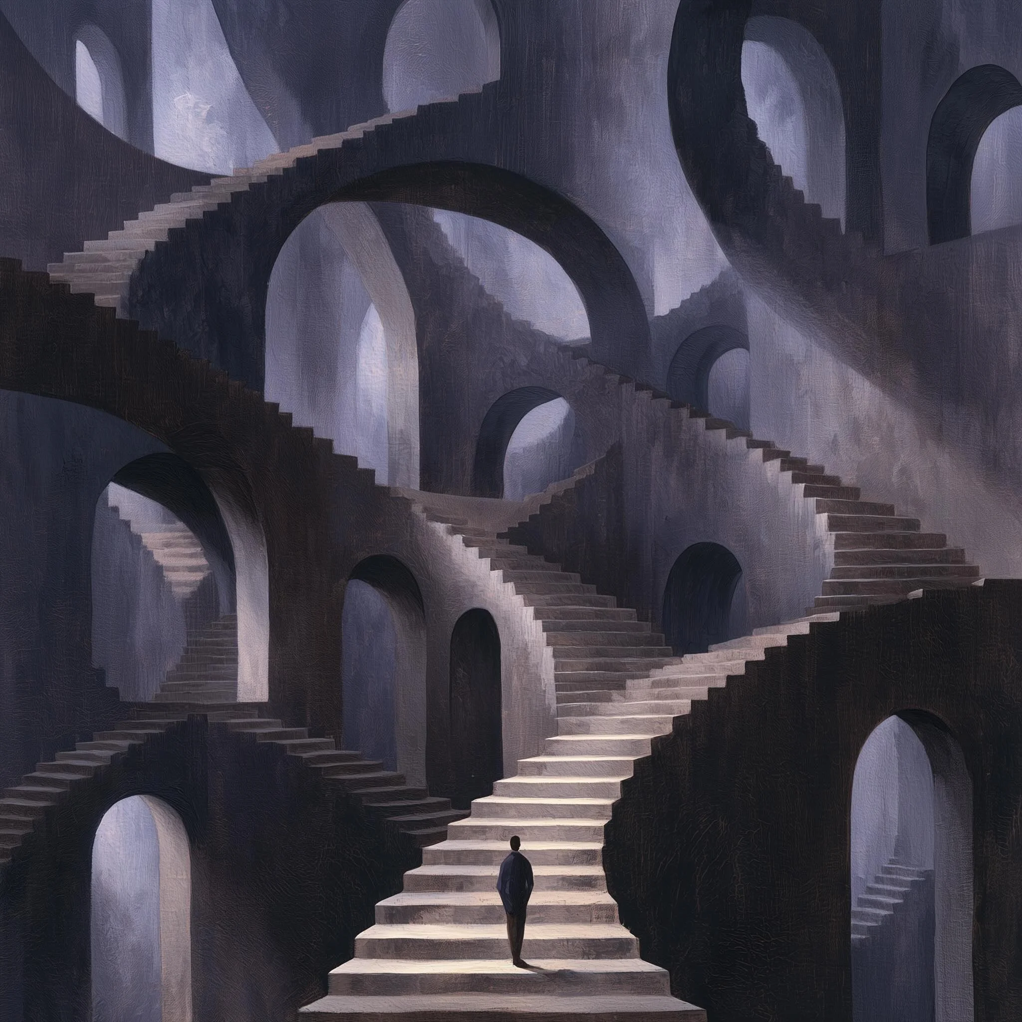 A surreal digital artwork depicting multiple layers of staircases and archways in a dark, misty environment. There are two small human figures walking on the stairs, with one at the bottom and the other near the middle, emphasizing the vastness of the structure.