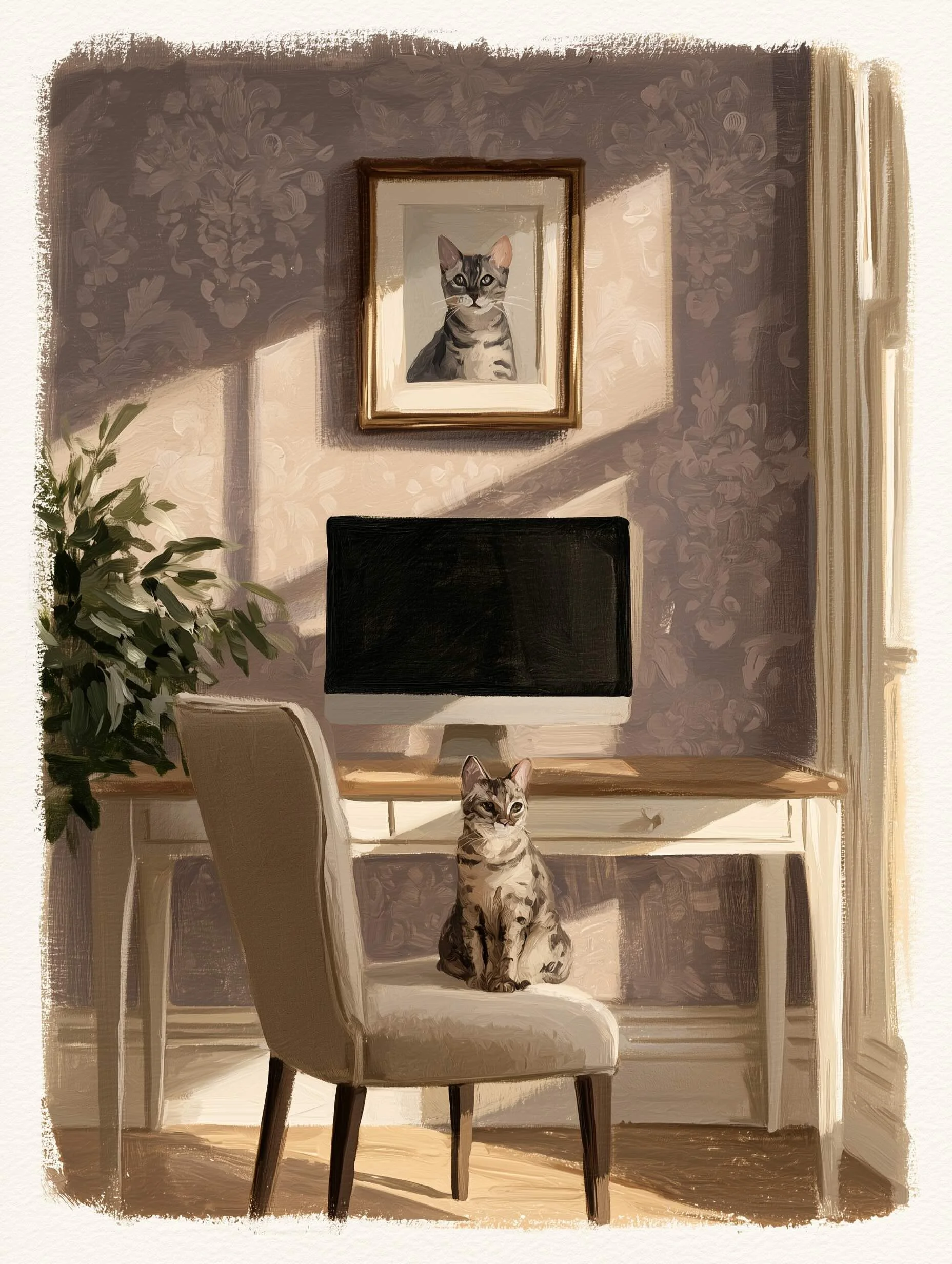 A cozy interior with a framed portrait of a Bengal cat on a purple wall, a real Bengal cat sitting below it on a white chair, a tall plant, and warm streaming light.