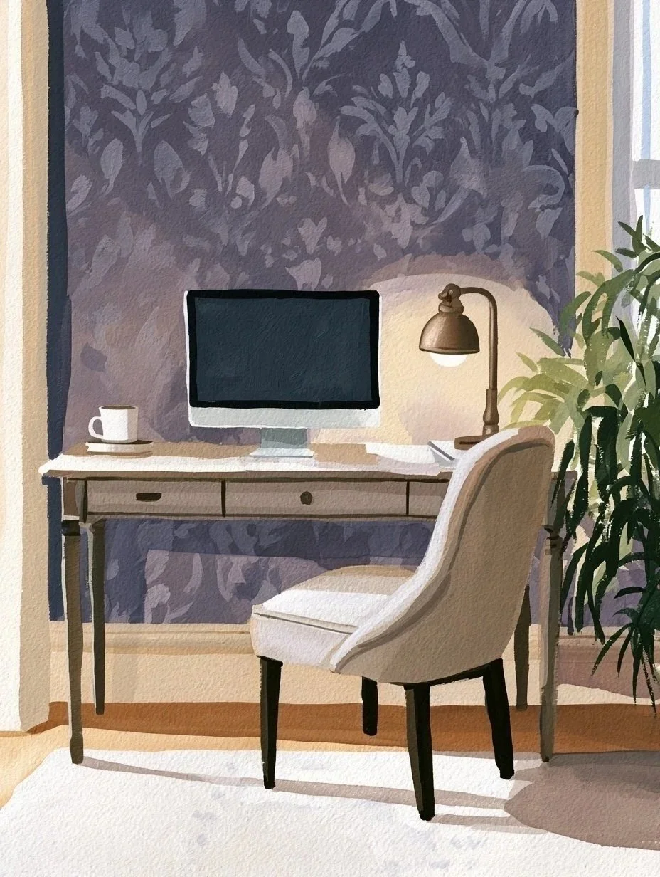 A cozy home office with a desk, plant, and warm lighting — the space where you'll do your telehealth visit, with a purple floral-patterned wall with sunlight streaming in.