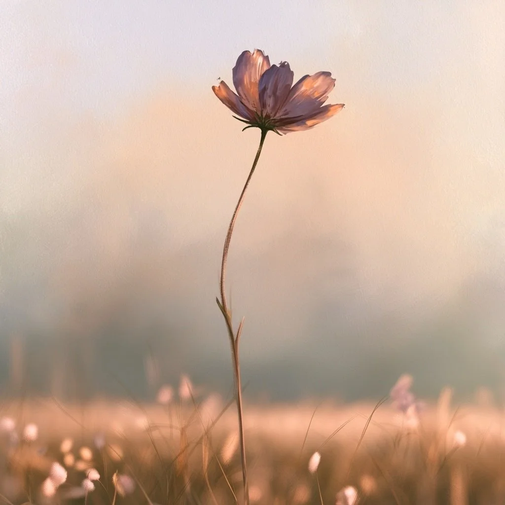 A single flower stands tall amid a field of grass, with a soft sunset or sunrise in the background.