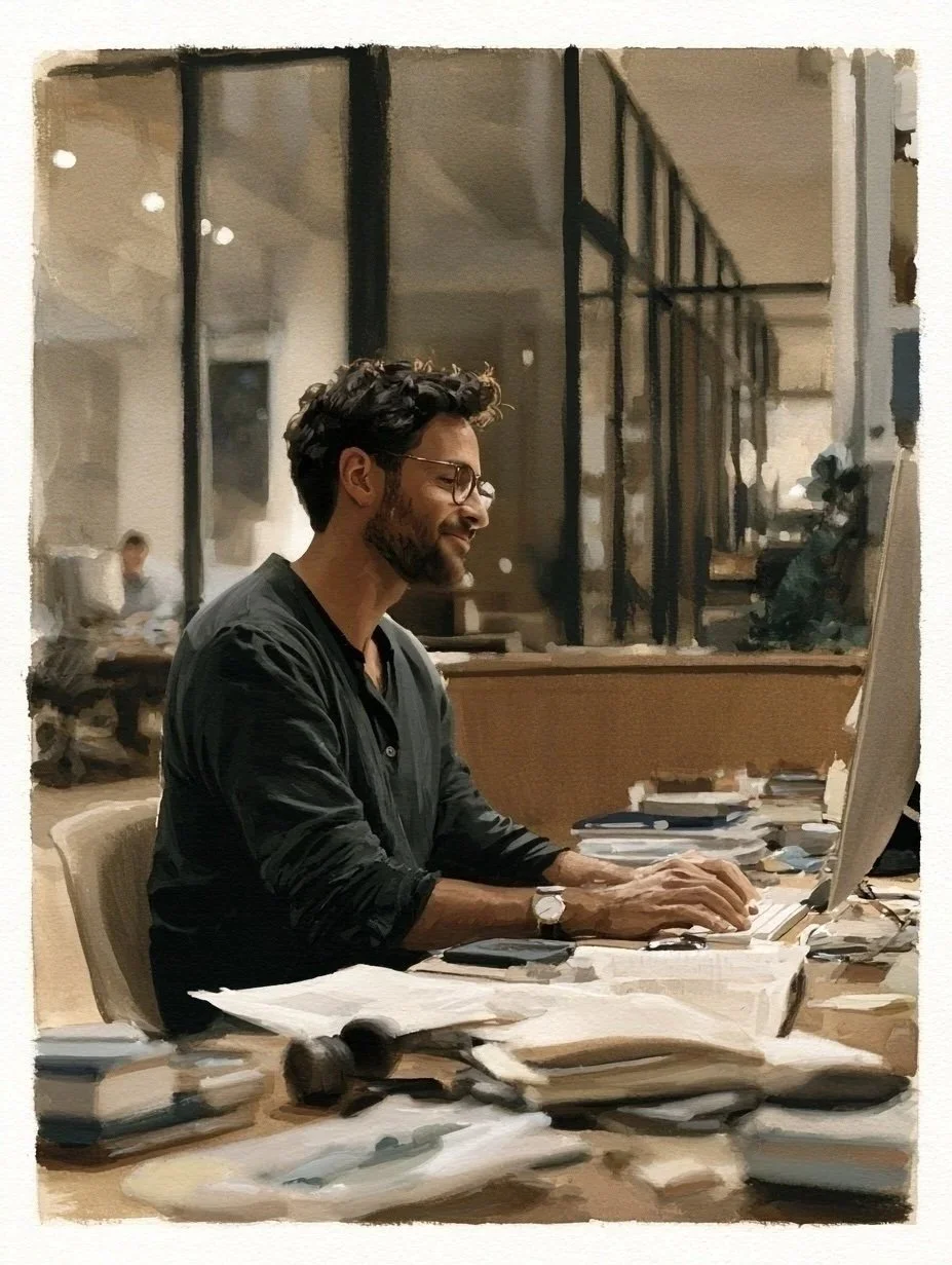 A man with glasses working on a computer at a cluttered desk in an office building.