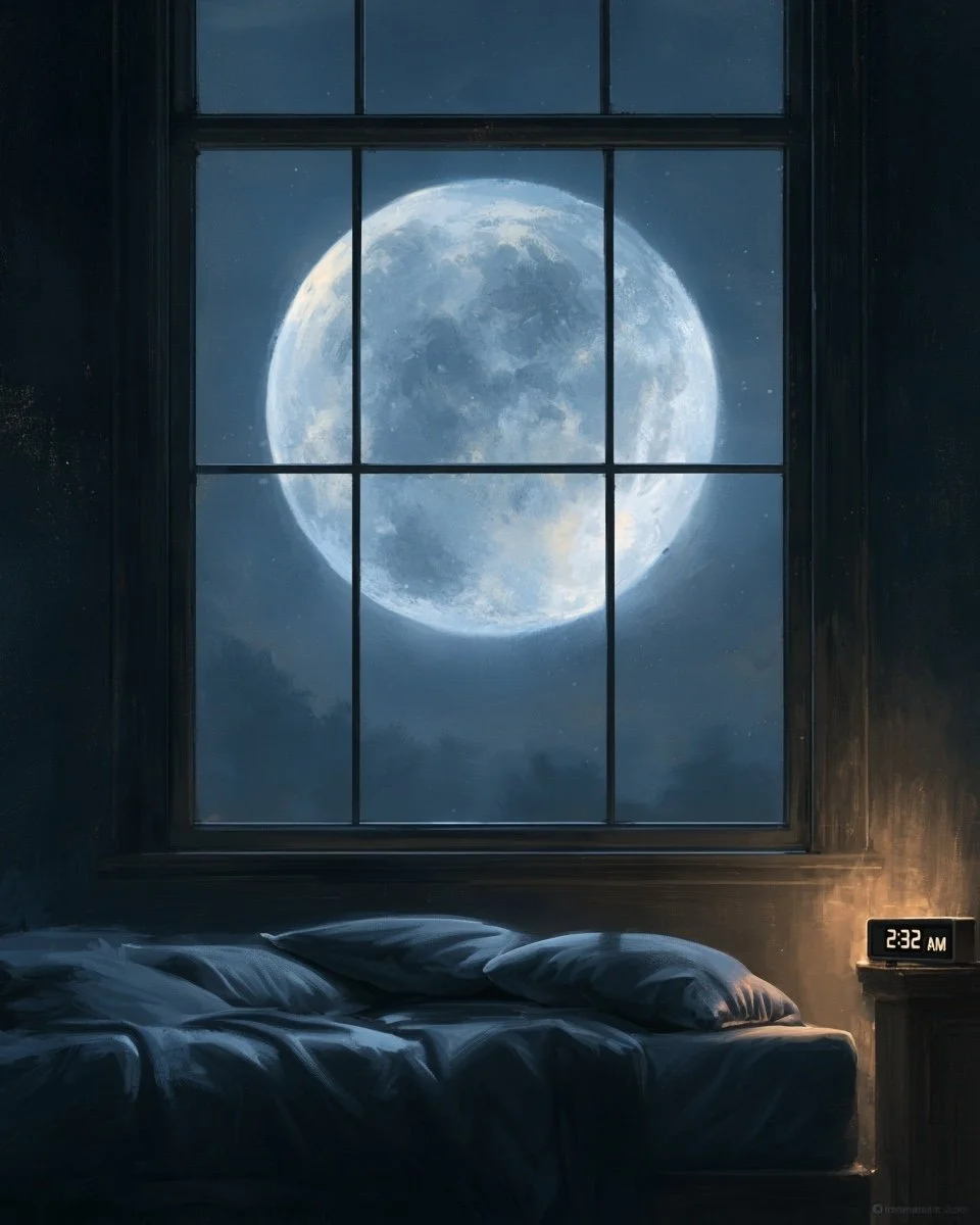 A bedroom at night with a large window showing the full moon and stars outside. The bed has rumpled sheets and pillows, and a digital clock on the nightstand shows 2:32 AM.