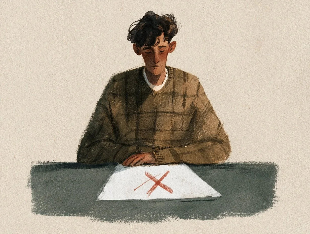 A young man with curly dark hair sitting at a table, looking down with a serious expression, with a piece of paper in front marked with a red X.
