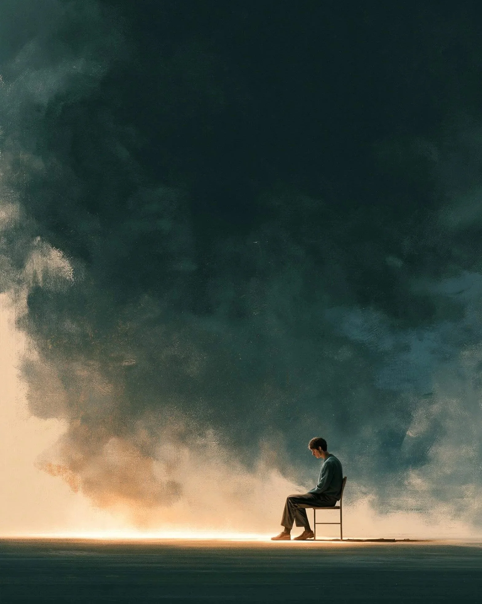 A person sitting on a chair beneath a large, colorful sky with clouds during sunset.