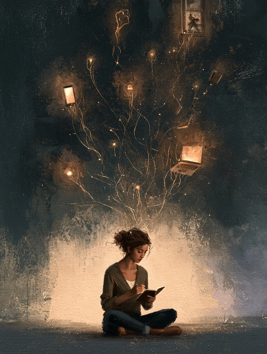 A young woman sitting cross-legged on the floor reading a book, with a dark background and glowing, faintly illuminated objects and lines above her head, resembling a dreamy or imaginative scene.