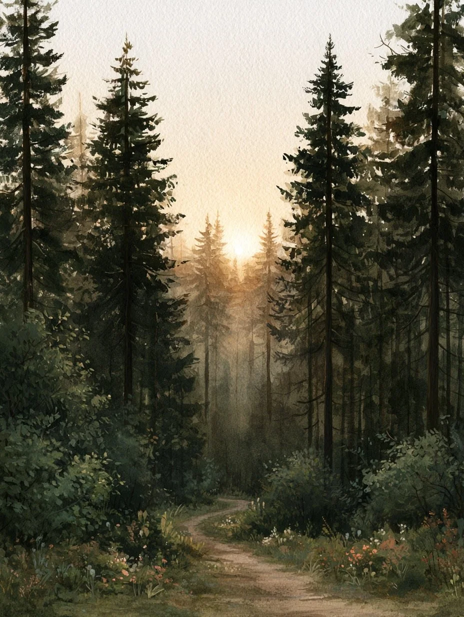 A forest scene at sunset with tall pine trees and a dirt path winding through greenery and wildflowers.