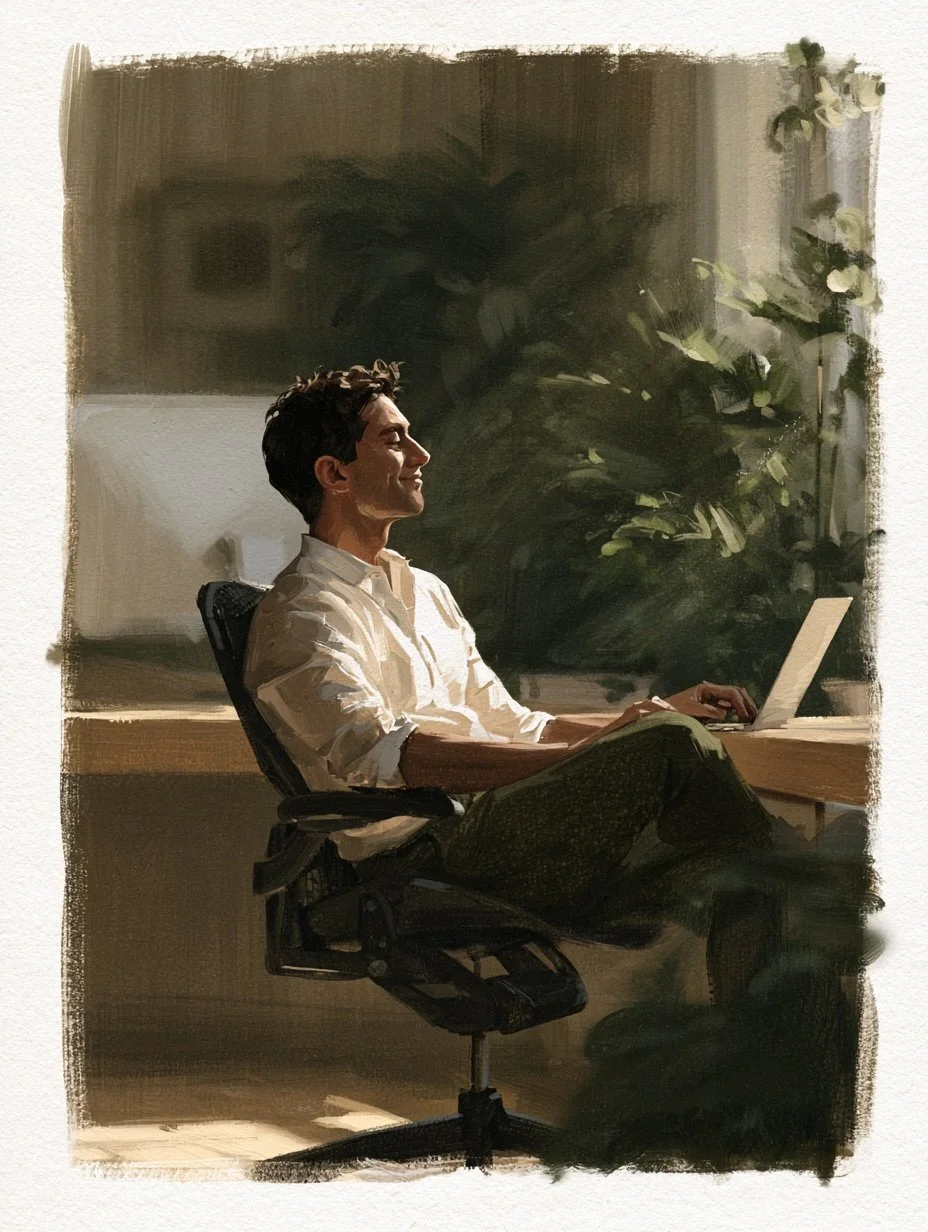 A man sitting in a home office at a desk, doing telehealth, with sunlight on his face and a green plant in the background.