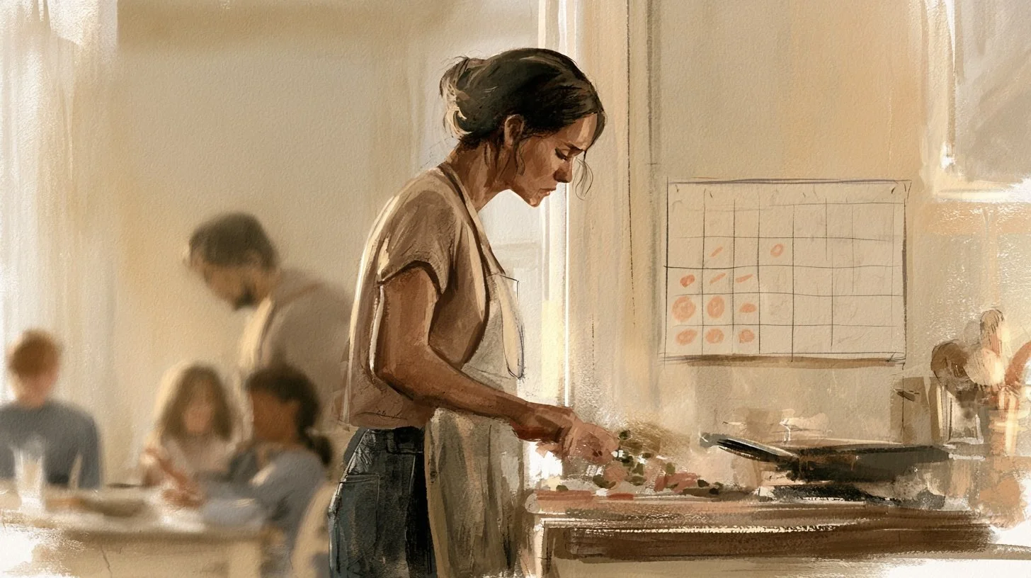 A woman preparing food in a kitchen with a group of people sitting at a table in the background.