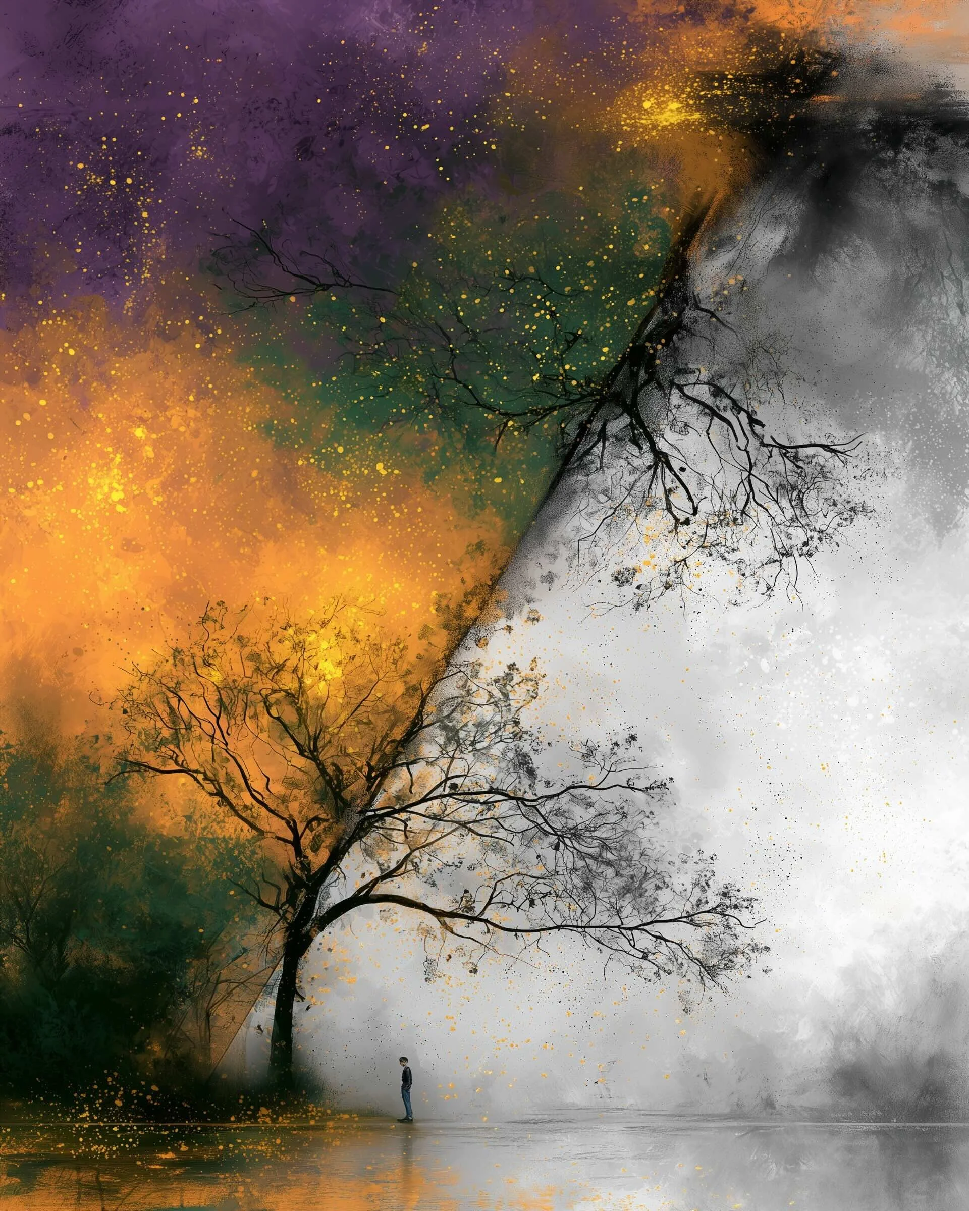A surreal digital painting of a small figure standing under a large, leafless tree with sprawling branches. The background features a split scene with vibrant yellow and orange splashes on the left and a muted gray and black palette on the right. The scene has an artistic, abstract style with splatters of paint and textured effects.