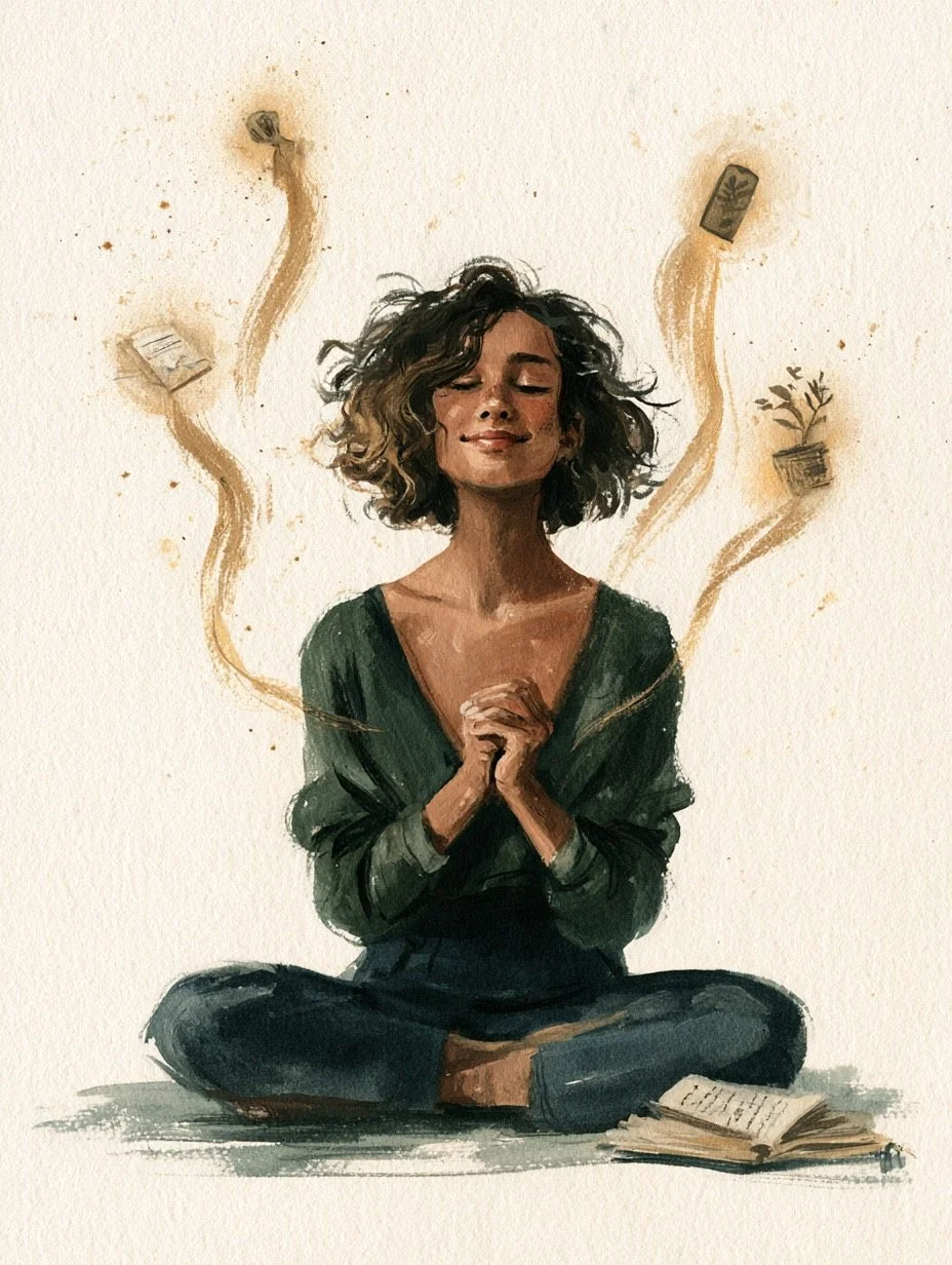 A woman with short, curly hair sits cross-legged on the ground with a peaceful expression, her hands clasped in front of her chest. She is wearing a dark green top and visible jeans. An open book lies on the floor in front of her, and several floating, hand-drawn items such as a potted plant, a smartphone, a book, and a small card or note surround her, with warm, soft tones.