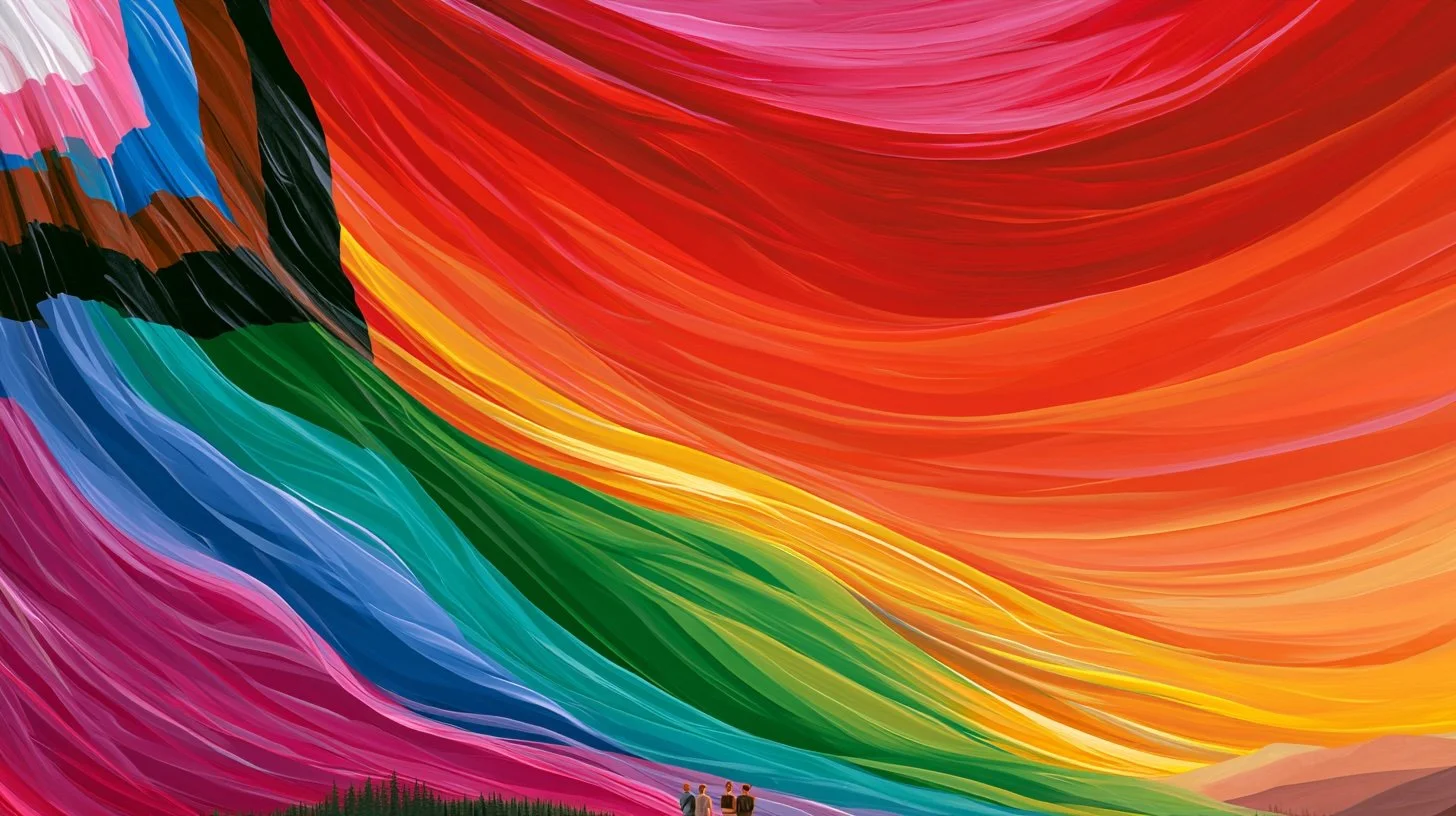 Four people standing on grass in front of a massive colorful mural with swirling rainbow colors.