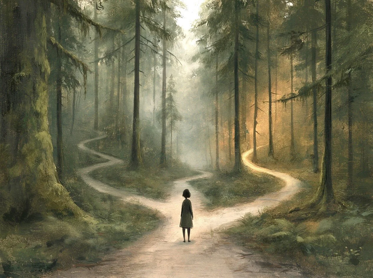 A girl standing at a fork in a forest path with two winding trails, surrounded by tall trees and mist, with sunlight filtering through the trees.