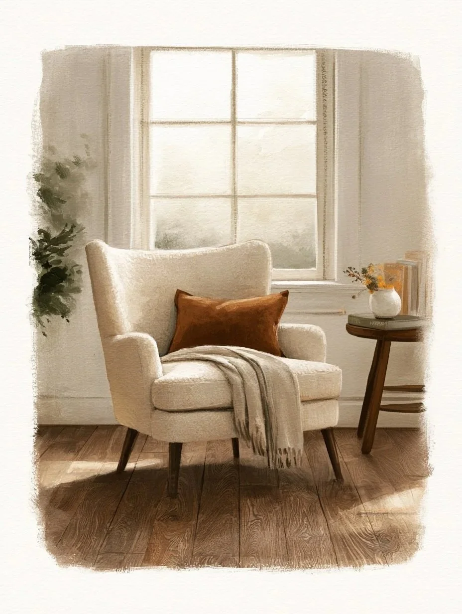 A cozy reading nook with a beige armchair, a brown pillow, a beige throw blanket, a small wooden side table with a white vase of yellow flowers, and a window with natural light.