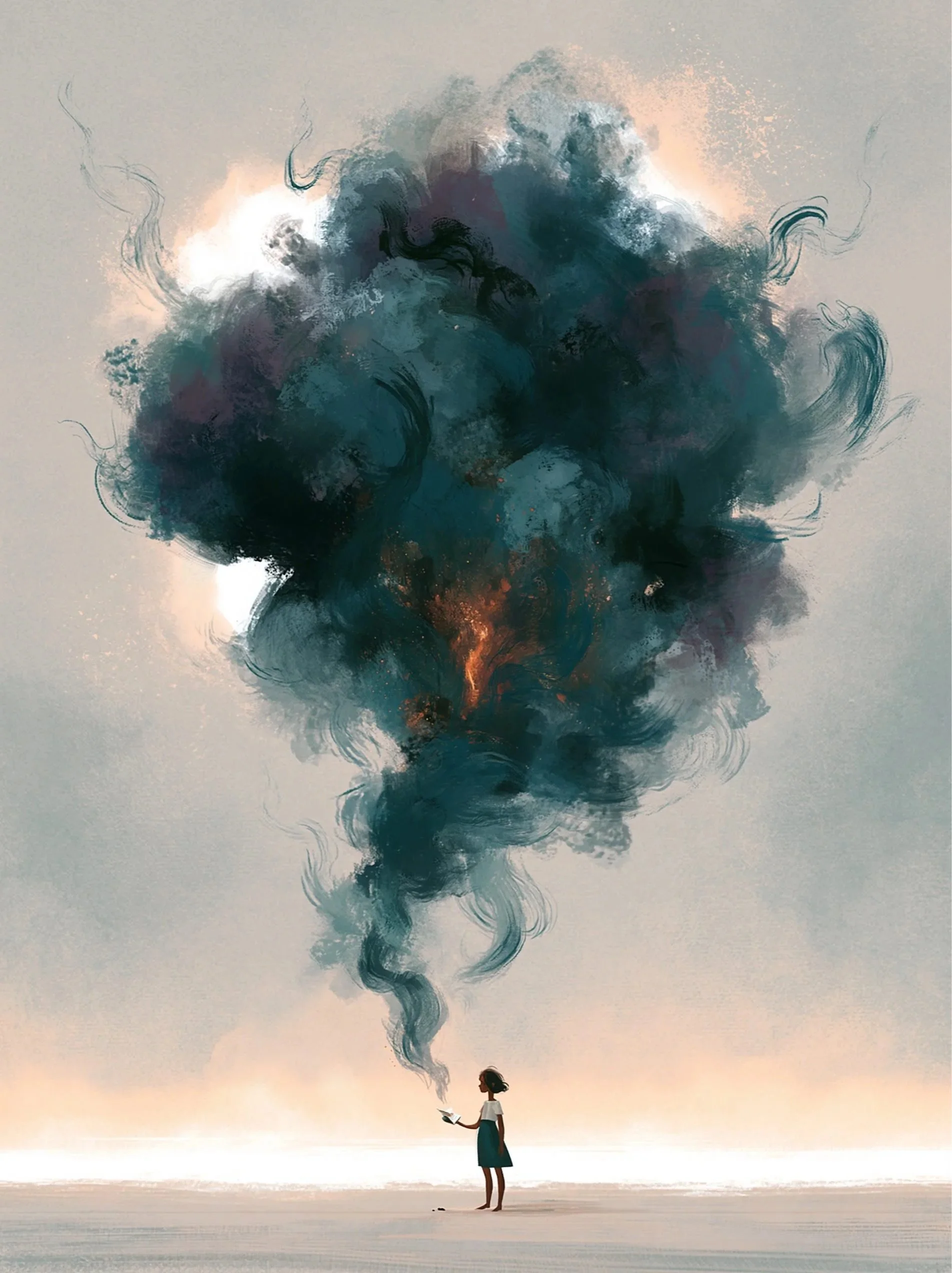A girl on a beach holding an open book, with colorful smoke rising into the sky — representing how something small can feel like a storm in rejection sensitive dysphoria.