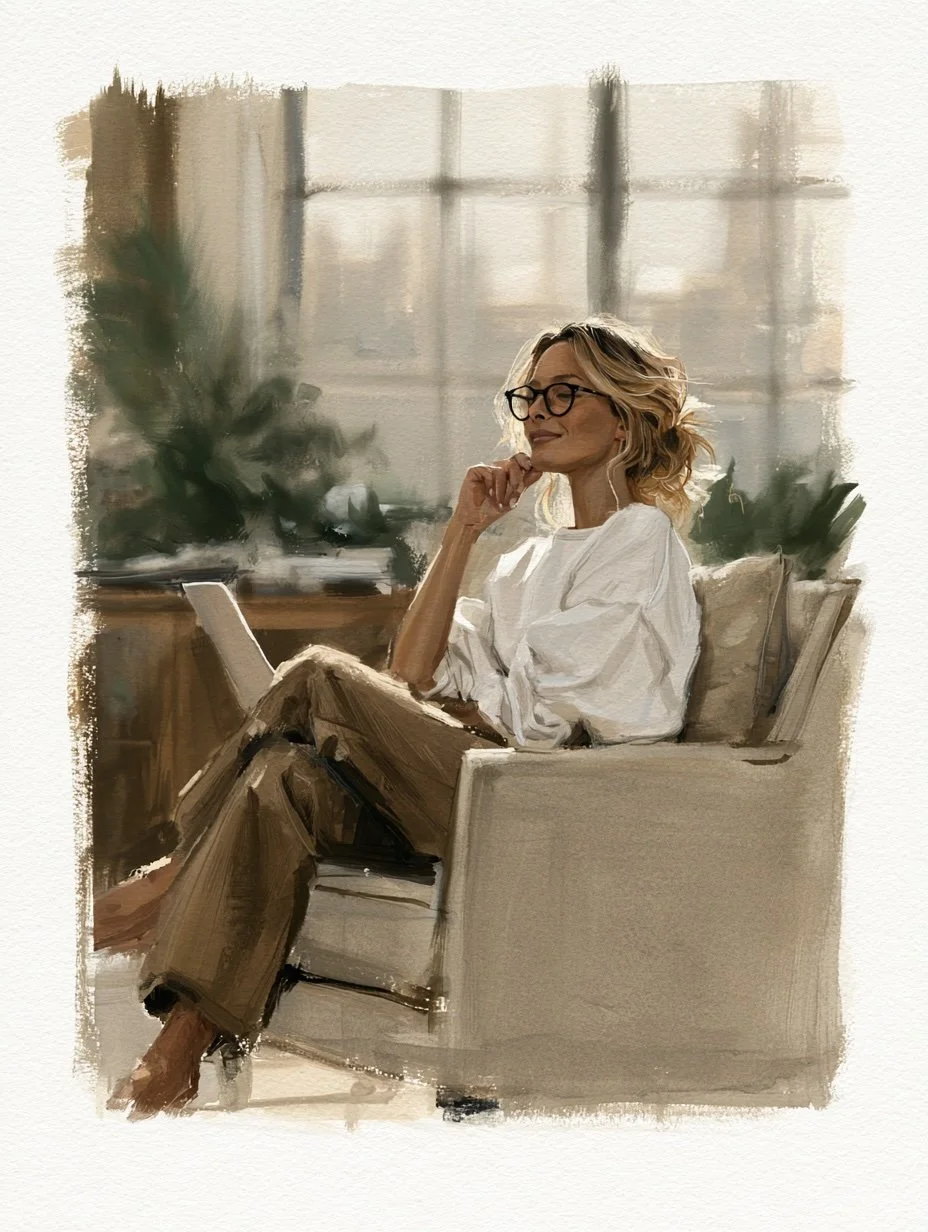 A woman at work, participating in a telehealth appointment on a laptop while sitting in a beige armchair, in a well-lit room with large windows and plants.