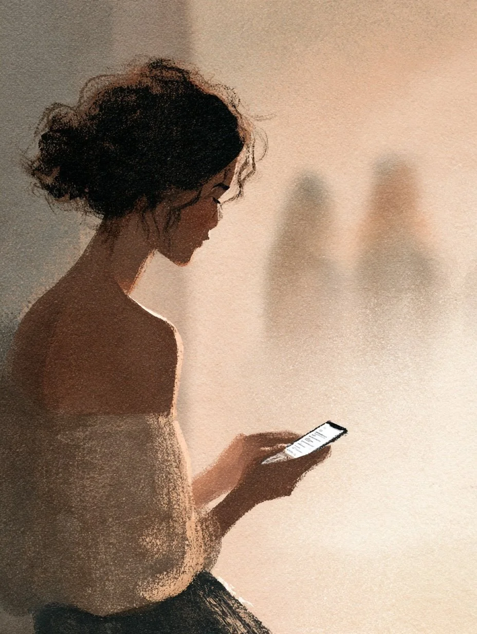 A woman with curly hair looking at her smartphone, standing against a wall with people in the background feeling left-out.