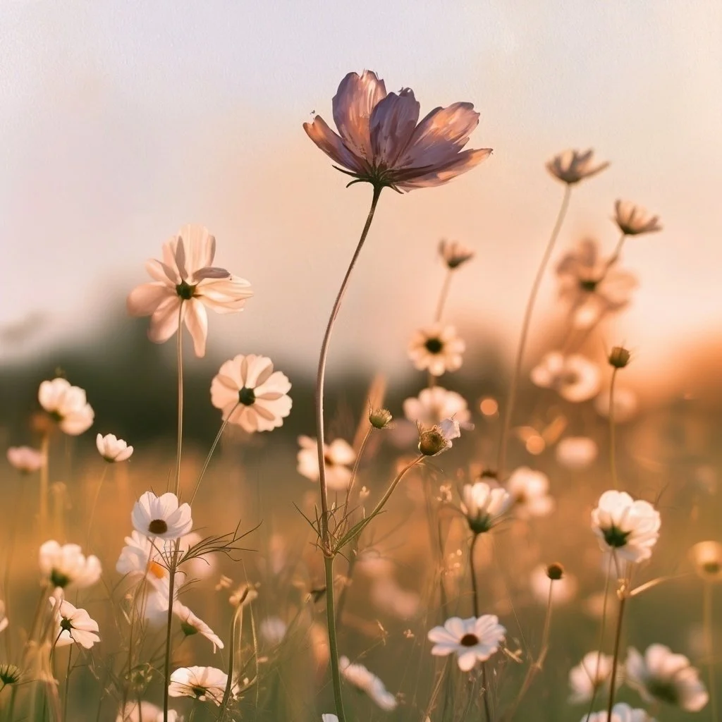 Close-up of wildflowers, with one prominent pink flower in the center, bathed in warm, golden sunlight during sunset.