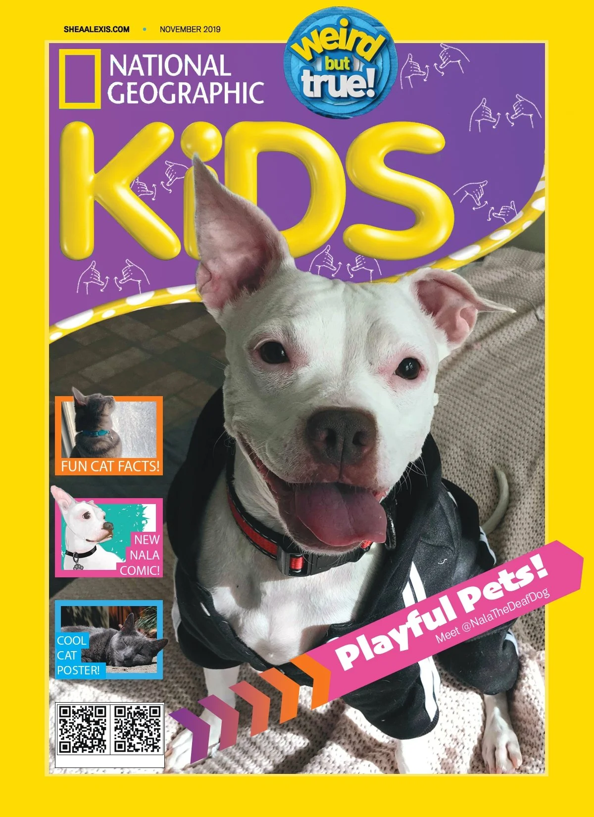 Cover of a magazine titled "National Geographic Kids", featuring a smiling white dog with one ear standing upright, wearing a black jacket and red collar, on a beige carpet. The magazine cover includes smaller images of a gray cat, a white dog, and a close-up of a cat's face, with captions such as "Fun Cat Facts!", "Cool Cat Poster!", and "New Nala Comic!". The main headline is "Playful Pets!" with a pink banner, and there is a QR code at the bottom left corner.