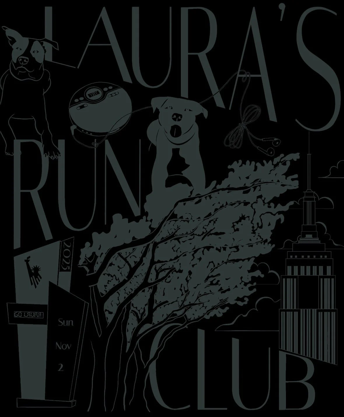 Outline illustration of a t-shirt design for Aura's Running Club, featuring two dogs, a tree, an Empire State Building, a calendar with date November 2, 2025, and various travel and music icons.