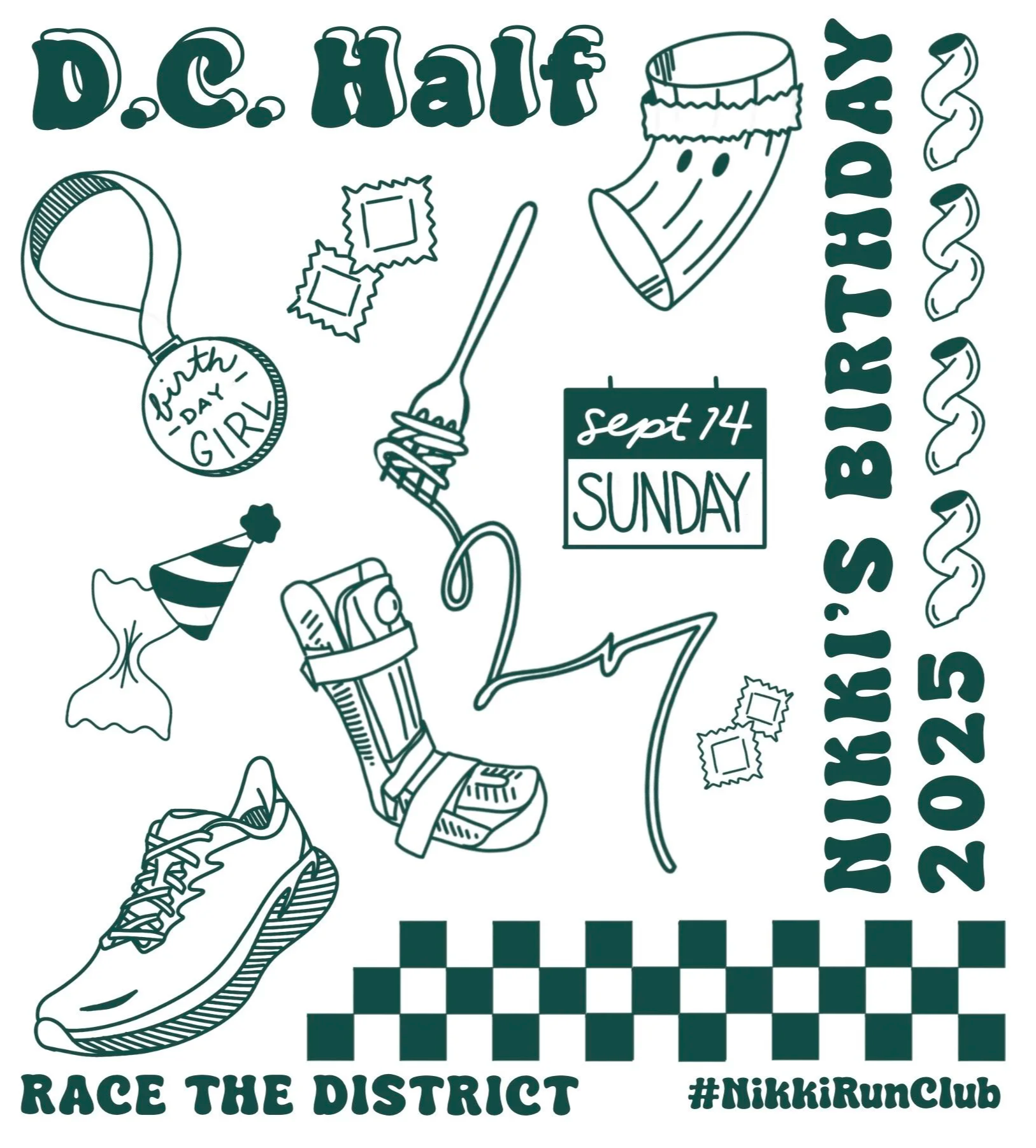 Black and white illustration promoting a race event. The image features drawings of a running shoe, a race bib, a stopwatch with '7th Day Girl' written on it, a sports ball, a baton, and festive decorations like a party hat, along with event details: date 'Sept 14', day 'Sunday', and phrases 'Race the District', '#NikkiRunClub', and '2023'.