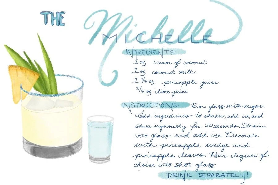 Handwritten recipe for a Michelle pineapple drink with ingredients, and instructions to shake and decorate with pineapple, served with a shot glass of liquor, beside a drawing of the drink garnished with pineapple fruit and leaves.