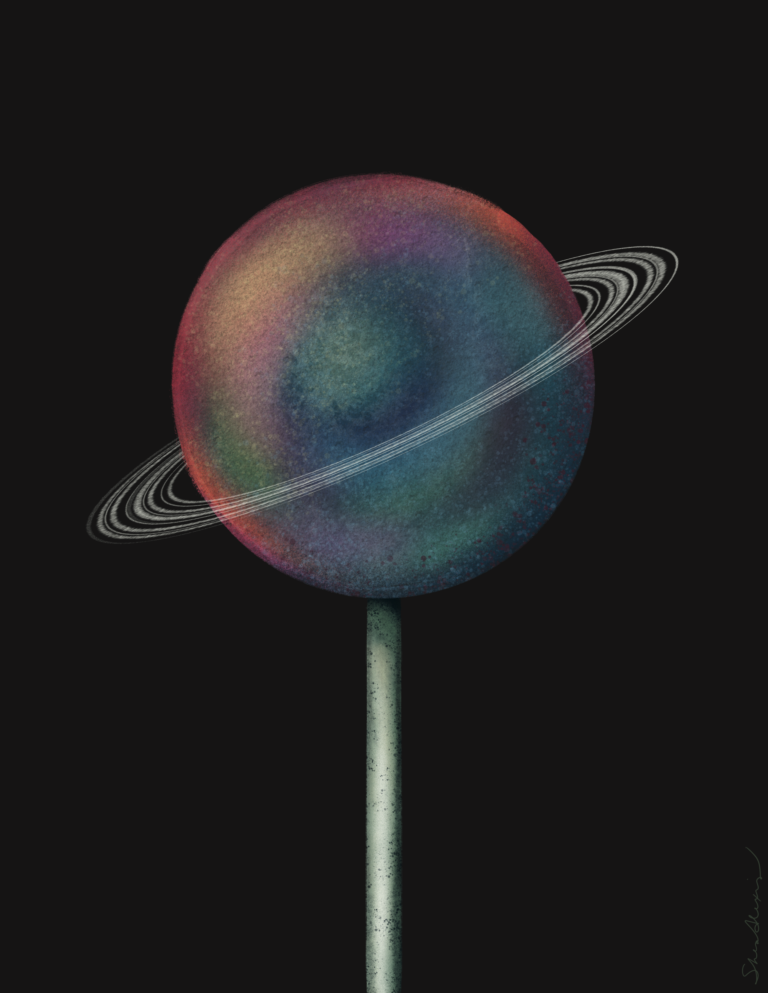 A digitally created image of a lollipop with a rainbow-colored planet with an outer ring on a black background, and a stick with a subtle green hue.