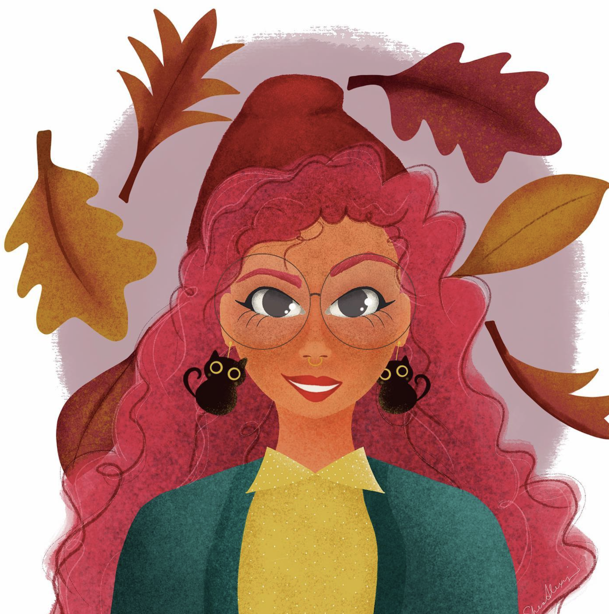 A colorful digital illustration of a woman with curly pink hair and glasses, surrounded by autumn leaves in shades of orange, red, and yellow.