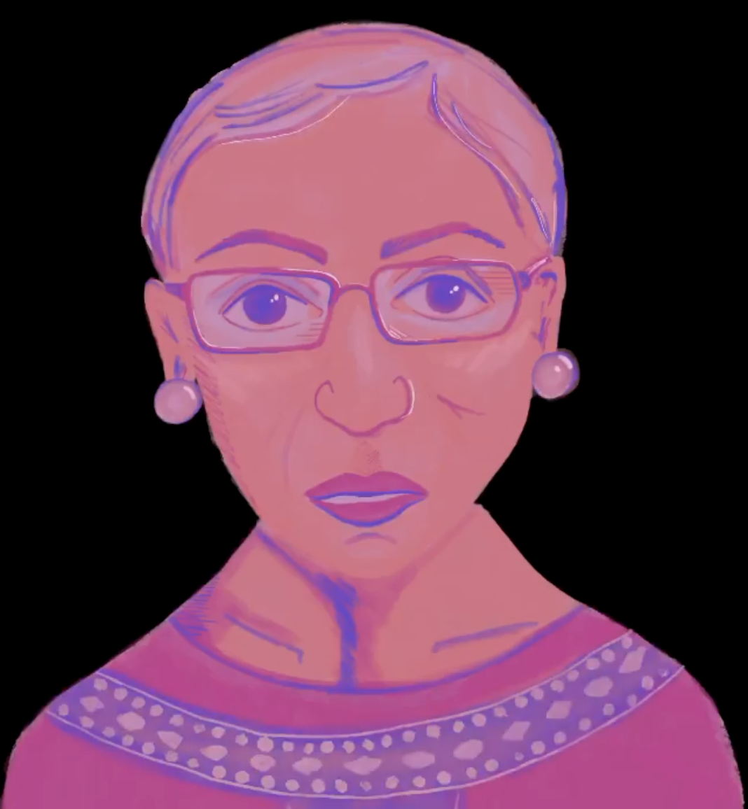 Digital illustration of Ruth Bader Ginsburg with short hair, glasses, and pearl earrings all colorized in pink and purple.