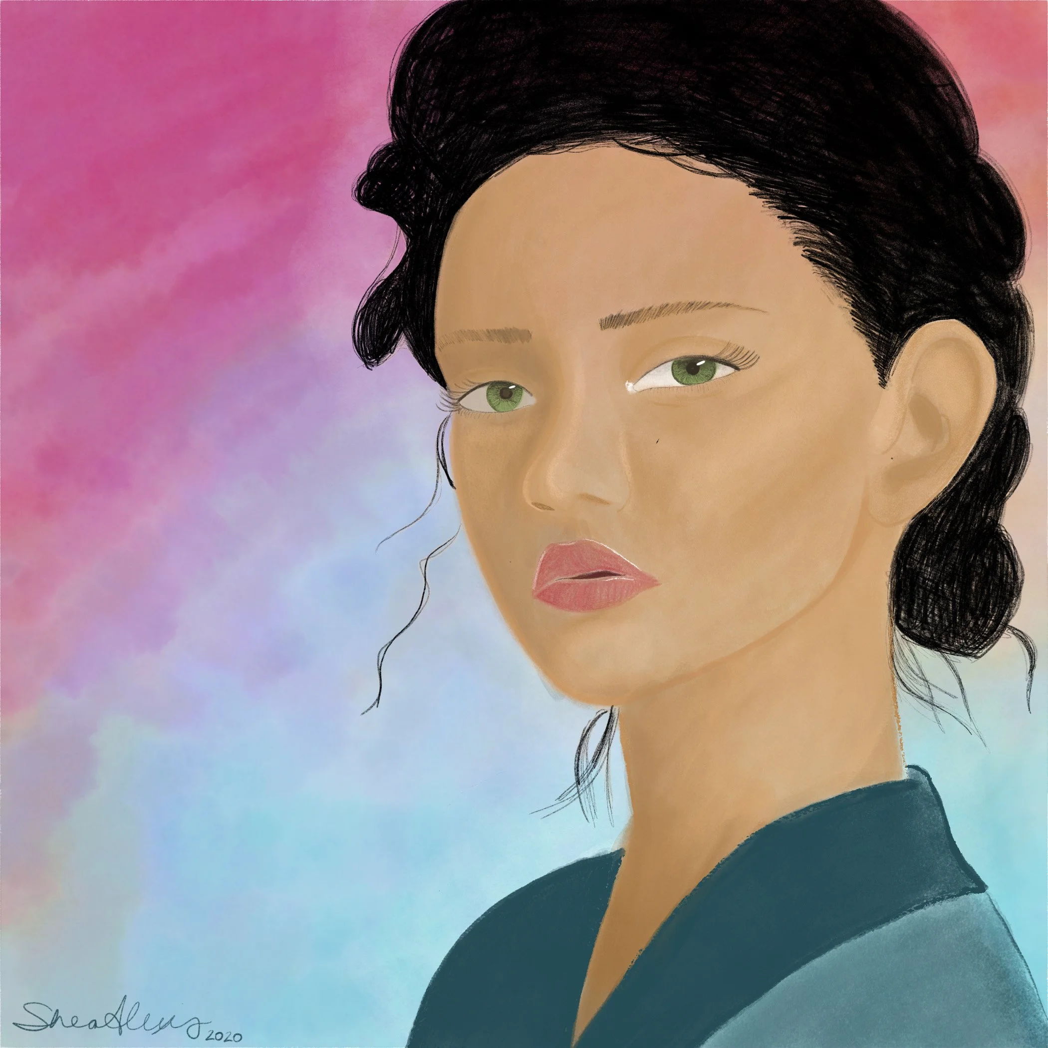 A digital painting of a woman with pinned up black hair and green eyes, against a pink and purple watercolor background.