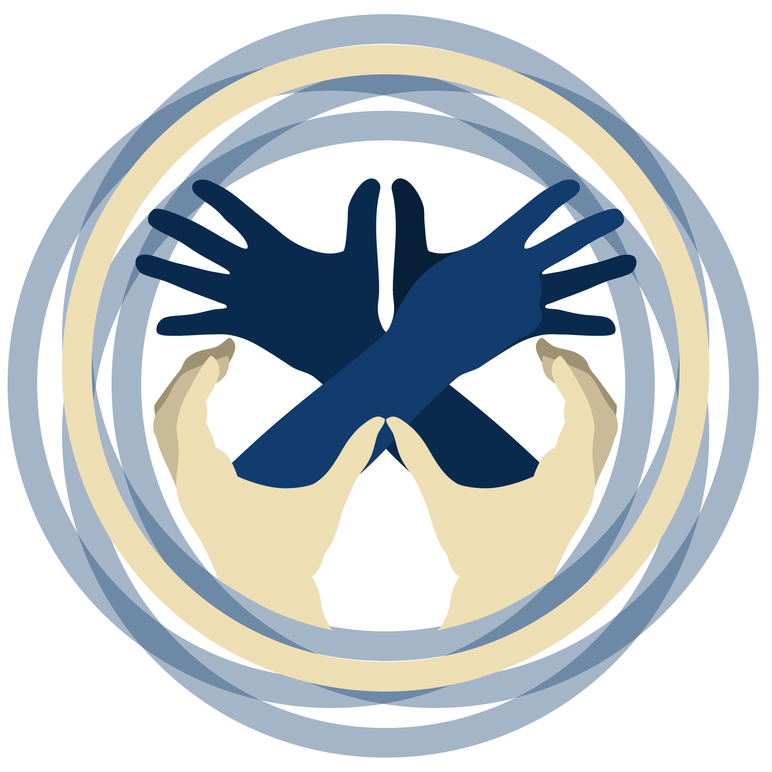 A stylized graphic of a pair of hands forming the sign for 'CERTIFICATE', 'MASTER'S', ' and 'PHD' with concentric circles around them in shades of buff and blue -- a logo for the graduate student association.