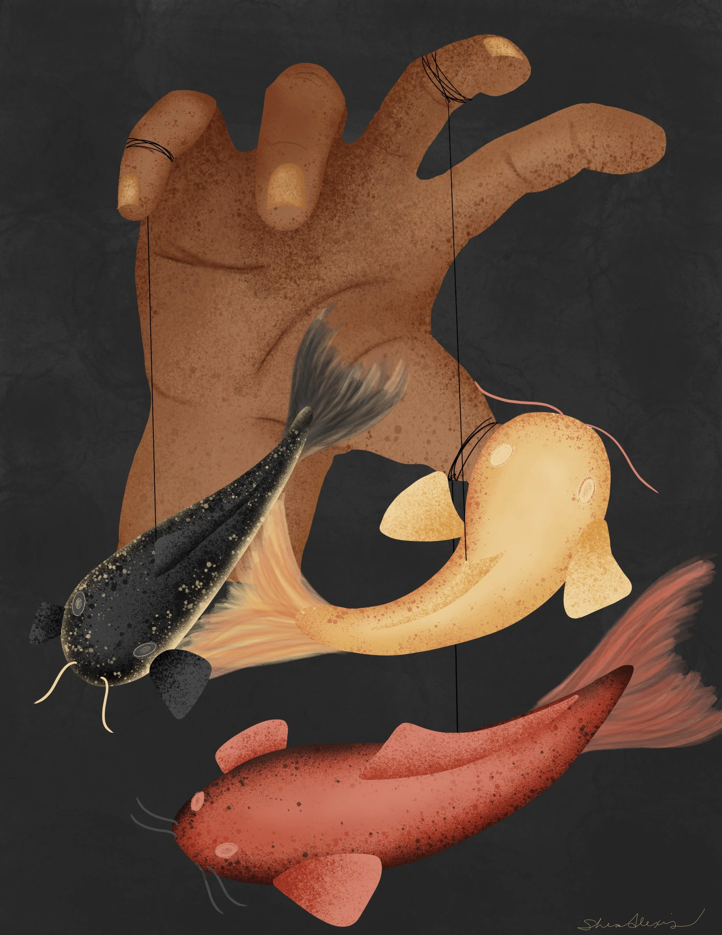 A digital illustration of a hand with brown skin and freckles, holding a koi fish with detailed scales and fins. The background is dark, emphasizing the hand and fish.