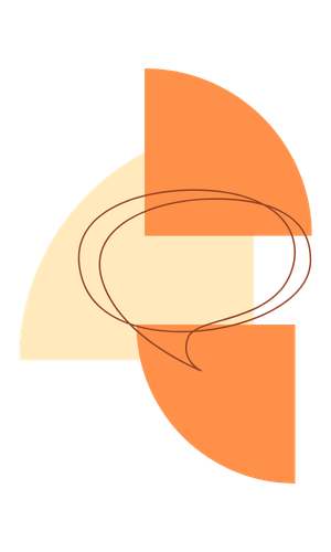 Graphic of a speech bubble over blocks of orange and cream colors.