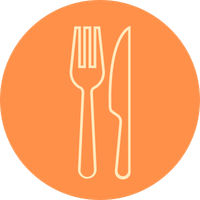 Icon of a fork and knife on an orange circular background.