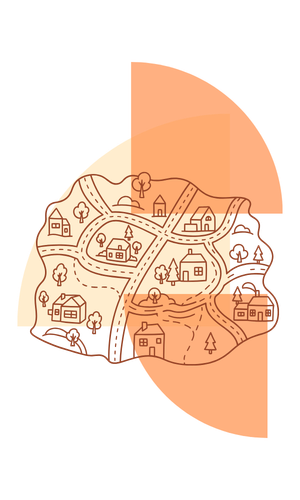 Quarter-circle shapes overlaying an illustrated village map with houses, trees, and roads