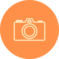 A blank camera icon on an orange circular background.