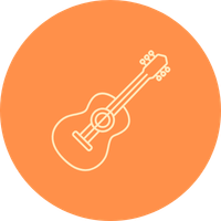 Line drawing of an acoustic guitar on an orange circular background.