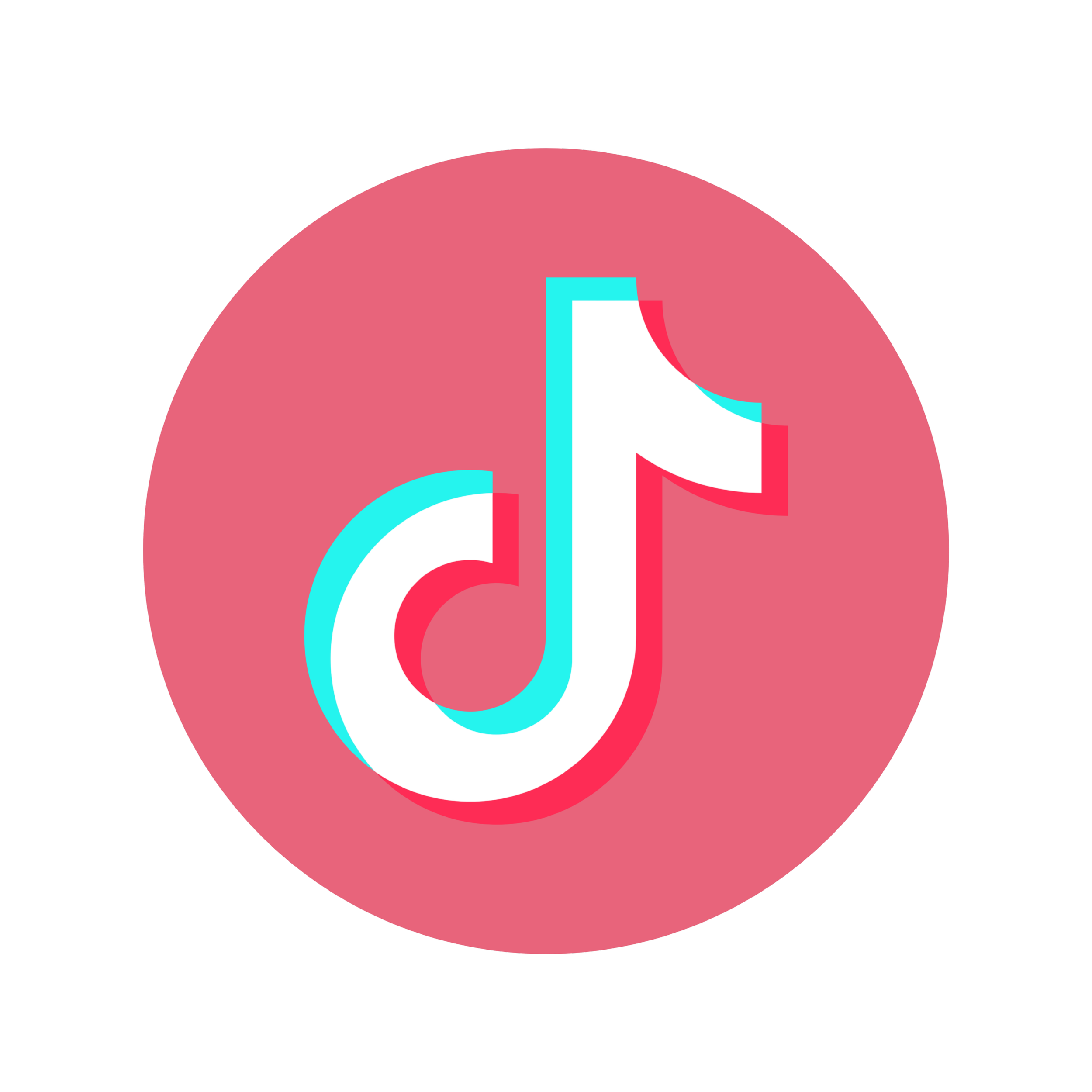 Tiktok Logo. Abstract graphic with a pink circle, stylized TikTok logo in cyan, red, and black colors on a black background.