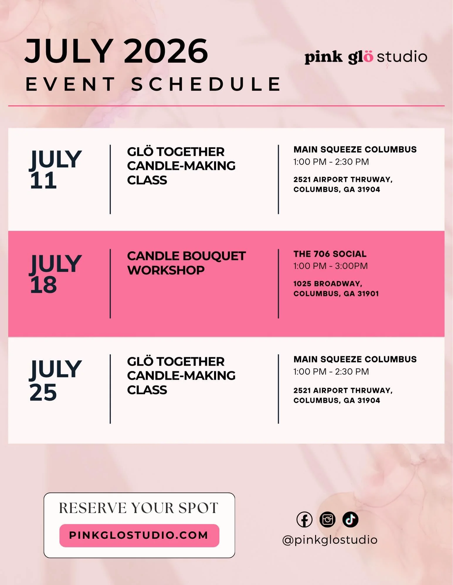 Hey Columbus, GA!
Our July &amp; August Popoup Event Schedules are now available!

JULY 11 | 1:00 PM - 2:30 PM
GL&Ouml; TOGETHER CANDLE-MAKING CLASS
MAIN SQUEEZE COLUMBUS
2521 AIRPORT THRUWAY, COLUMBUS, GA 31904

JULY 18 | 1:00 PM - 3:00PM
CANDLE BOU