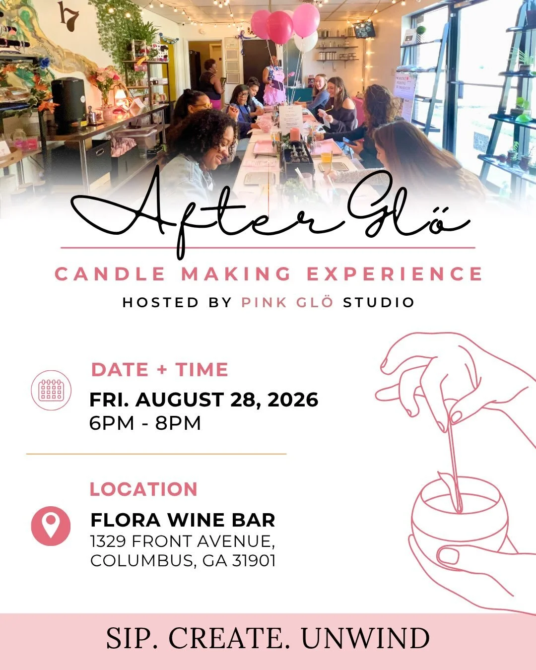 Hey Columbus, GA! Join us this Friday August 28 for AfterGl&ouml;. Our after work candle making workshop hosted at @wineartflowers 

We&rsquo;ll prepare everything you need to create your custom candle plus, 🍷 Your first glass of wine is included! Y