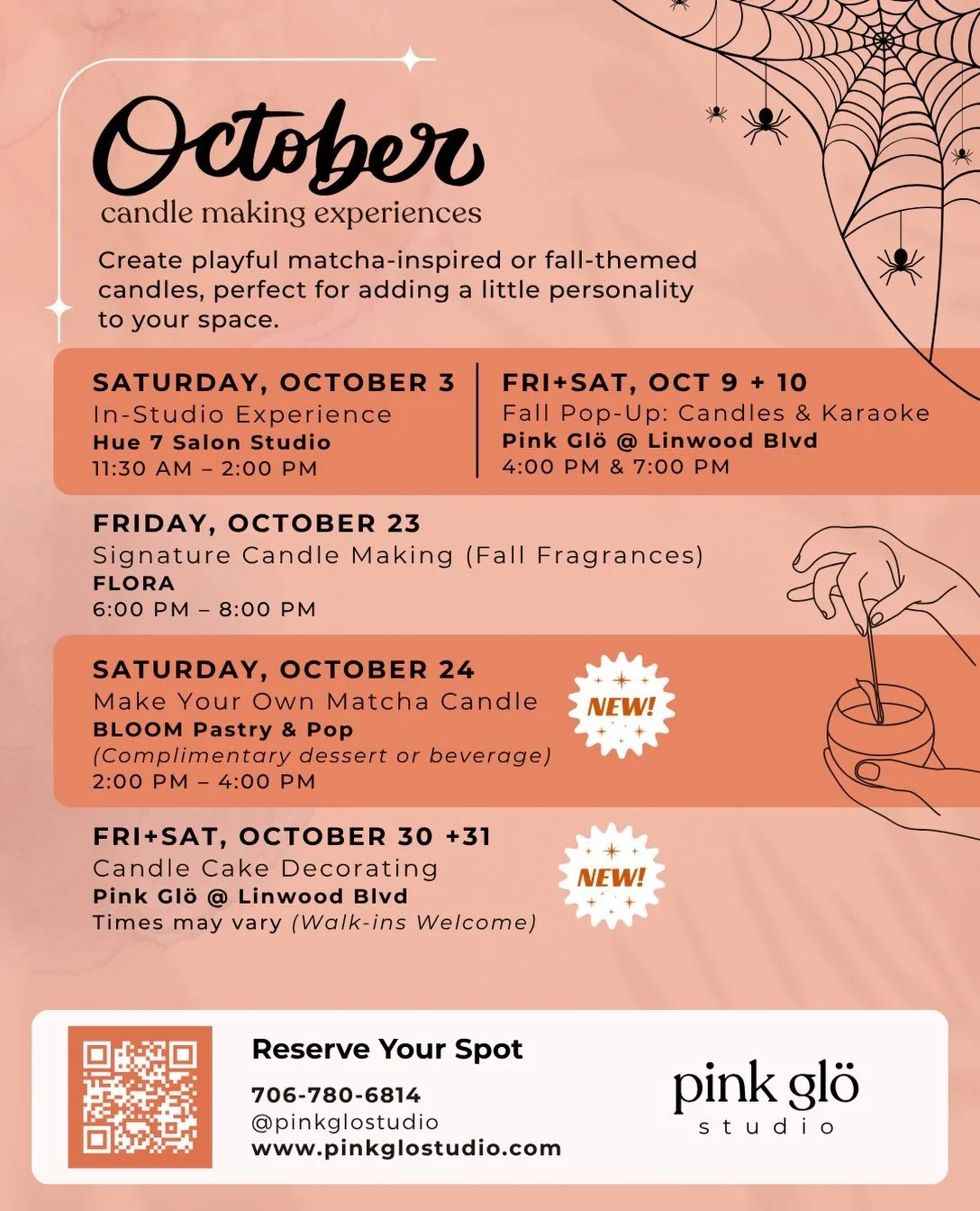 Come hang with Pink Gl&ouml; Studio this October! 🩷

Grab a friend, get creative, and start building your candle stash just in time for the holidays. We&rsquo;re adding two new locations to our lineup, plus a few new classes and experiences we can&r