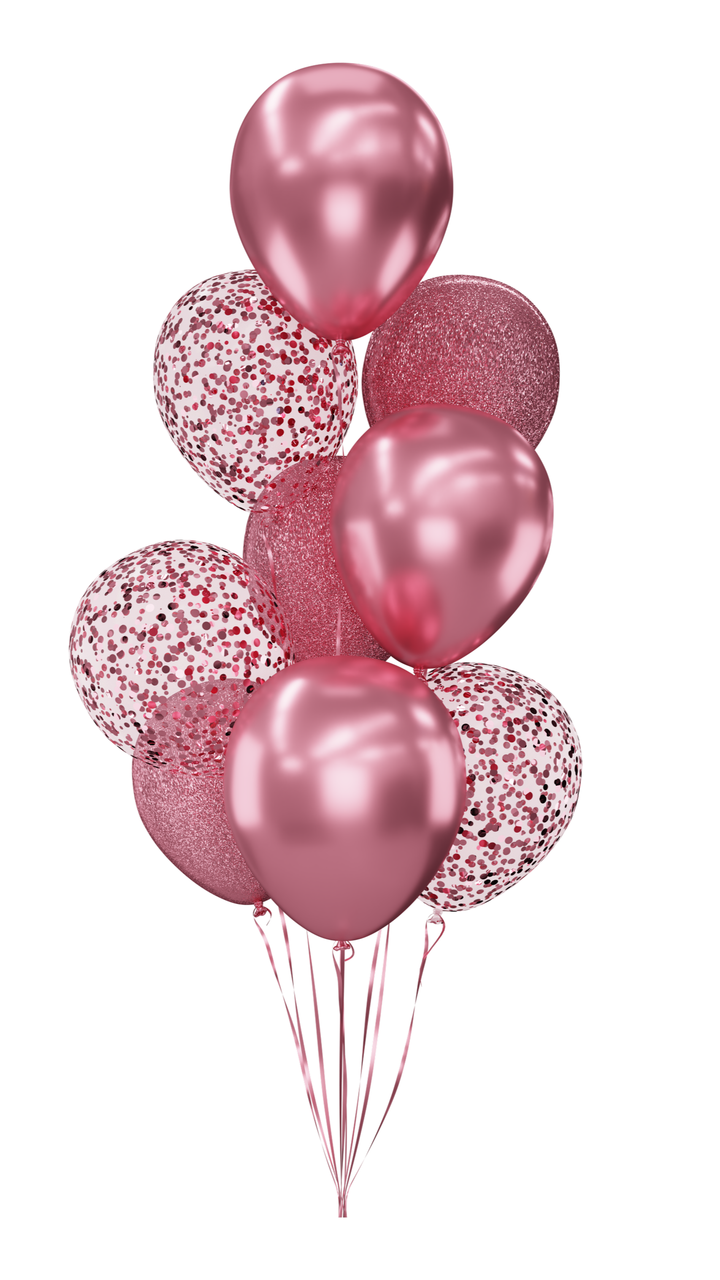 A cluster of pink balloons, some with shiny, glittery, or confetti designs, tied to thin strings, set against a dark background.